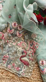 Green Pure Organza colorful Flamingo embroidery Dress material