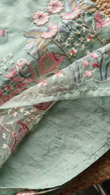 Green Pure Organza colorful Flamingo embroidery Dress material