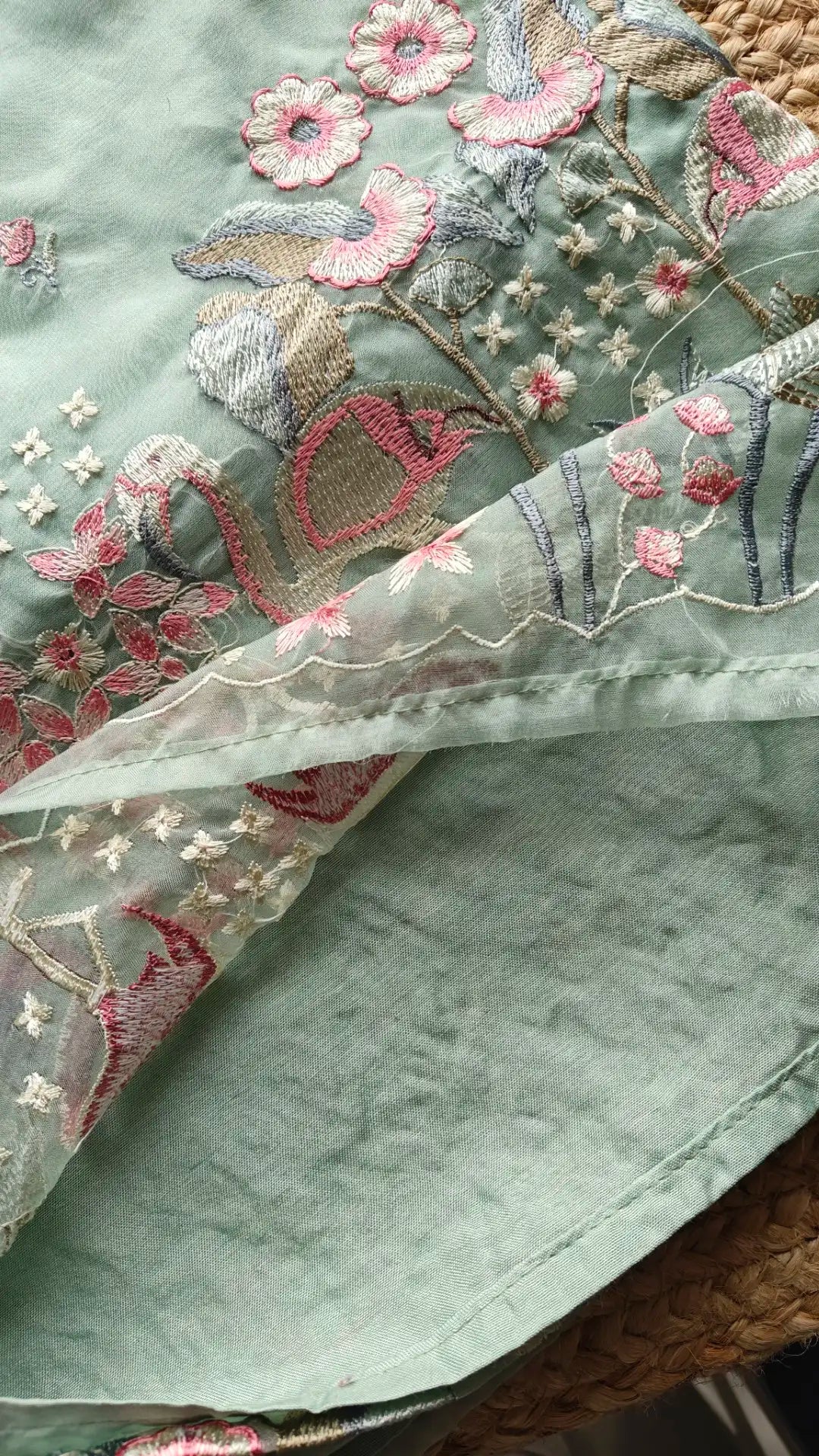 Green Pure Organza colorful Flamingo embroidery Dress material