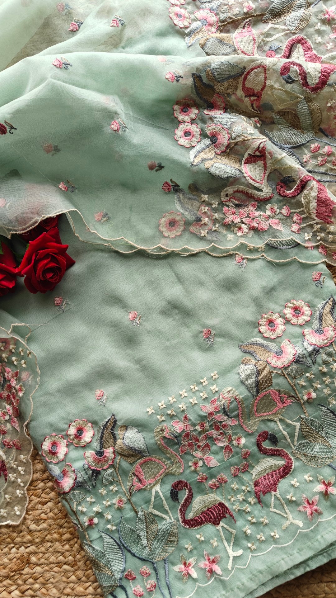 Green Pure Organza colorful Flamingo embroidery Dress material