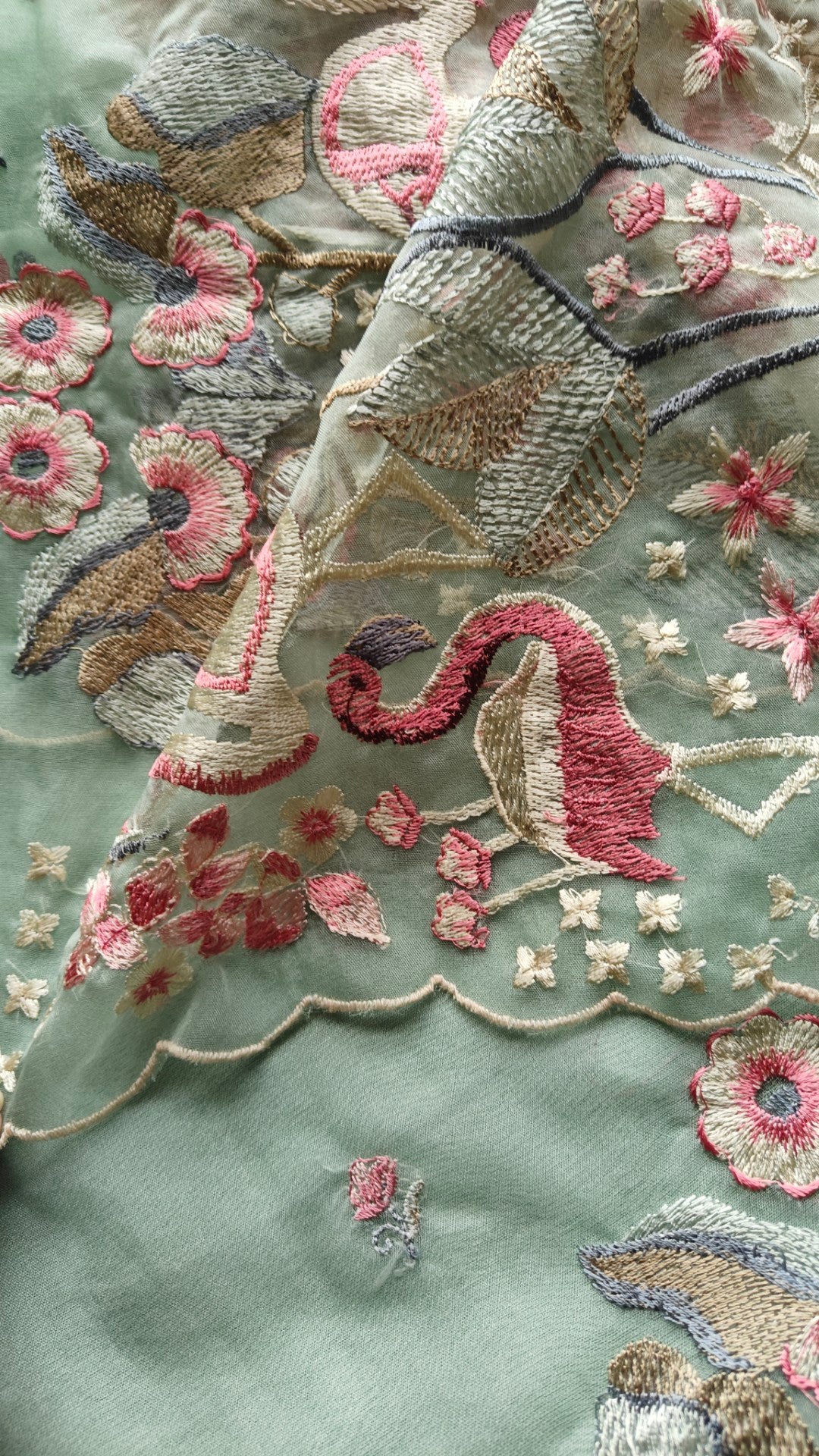 Green Pure Organza colorful Flamingo embroidery Dress material