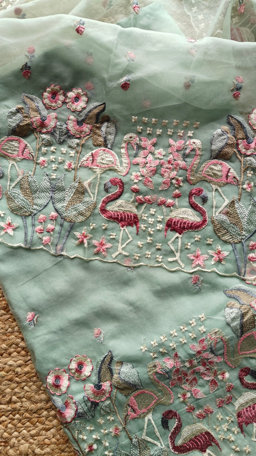 Green Pure Organza colorful Flamingo embroidery Dress material