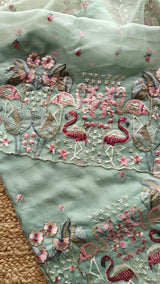 Green Pure Organza colorful Flamingo embroidery Dress material