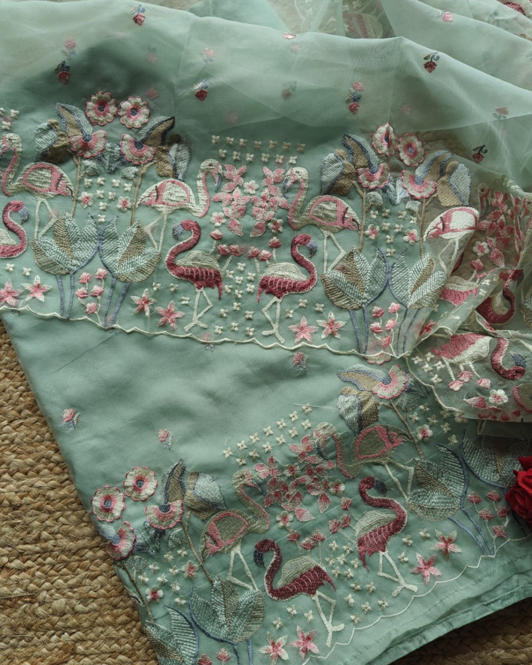 Green Pure Organza colorful Flamingo embroidery Dress material