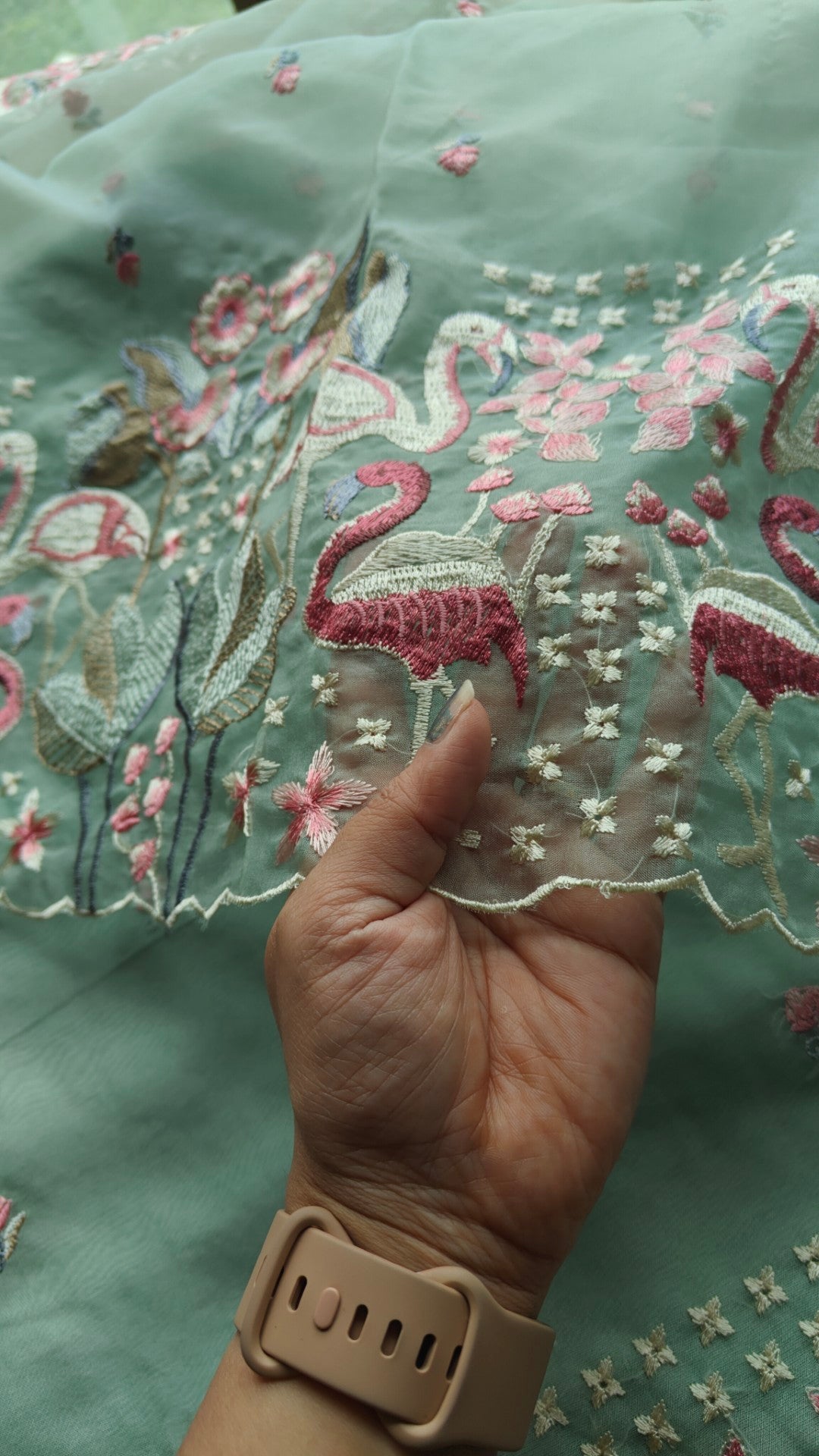 Green Pure Organza colorful Flamingo embroidery Dress material