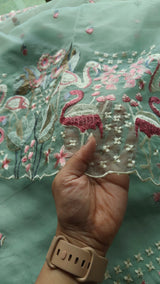 Green Pure Organza colorful Flamingo embroidery Dress material