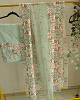 Green Pure Organza colorful Flamingo embroidery Dress material