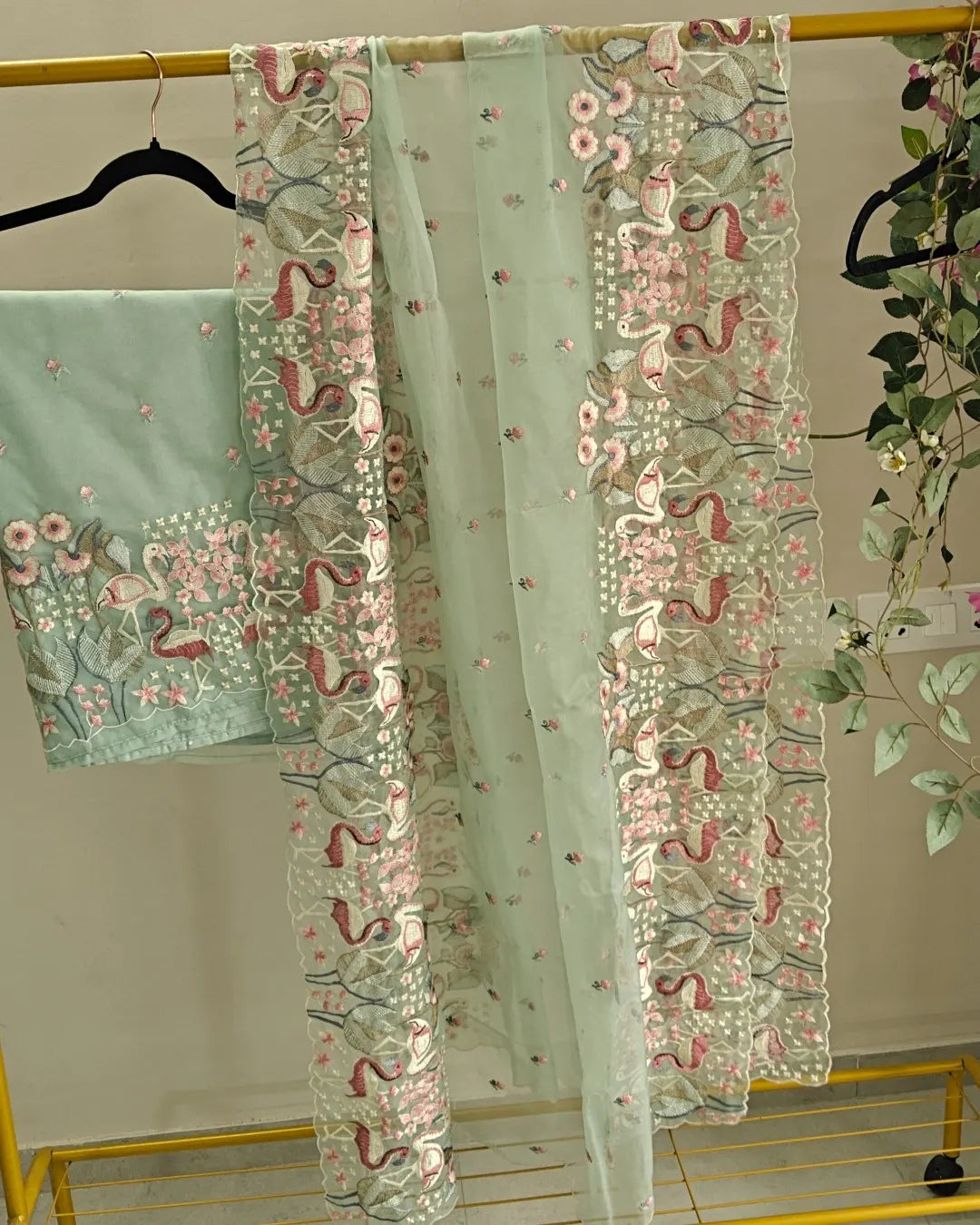 Green Pure Organza colorful Flamingo embroidery Dress material