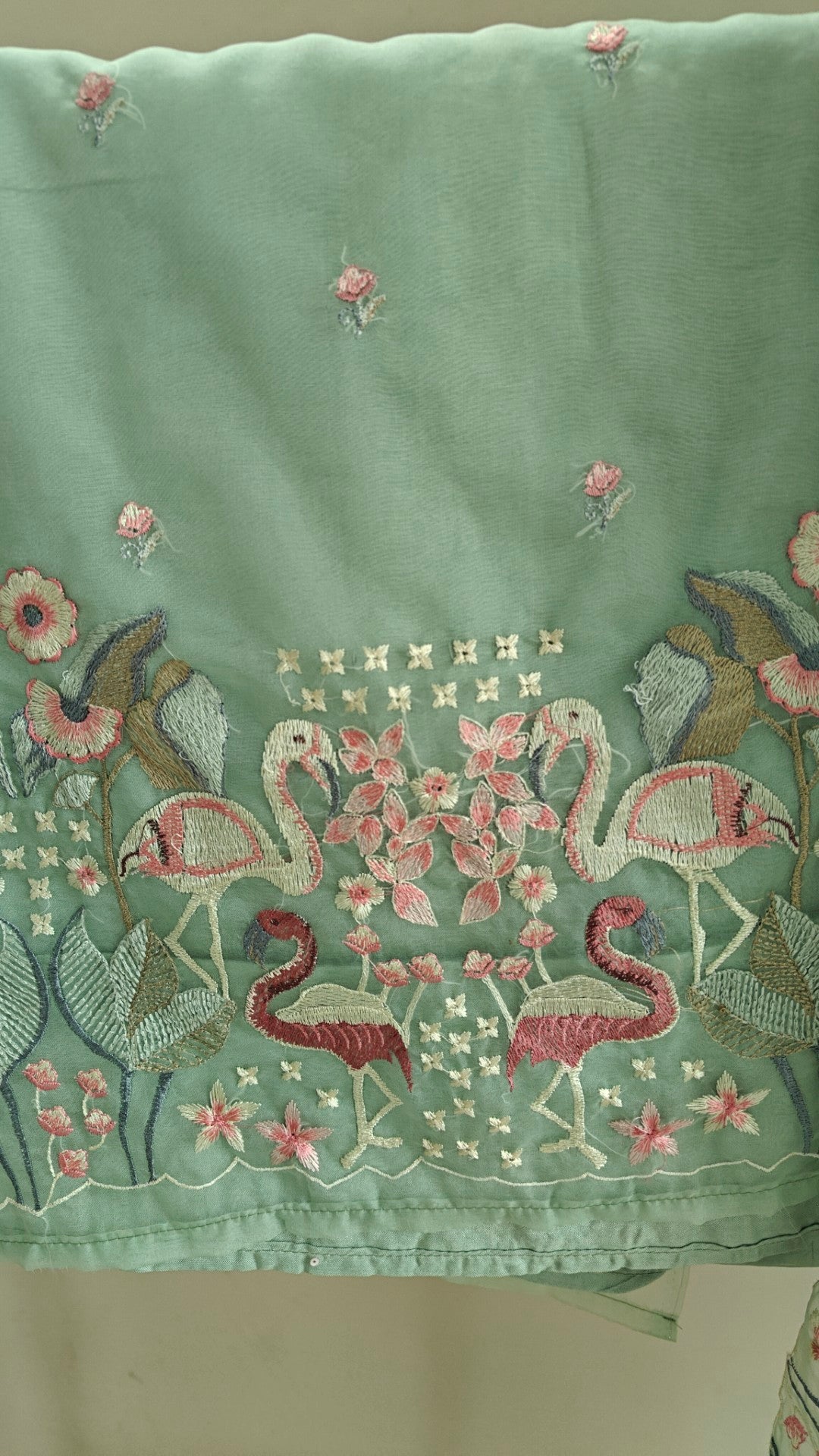 Green Pure Organza colorful Flamingo embroidery Dress material