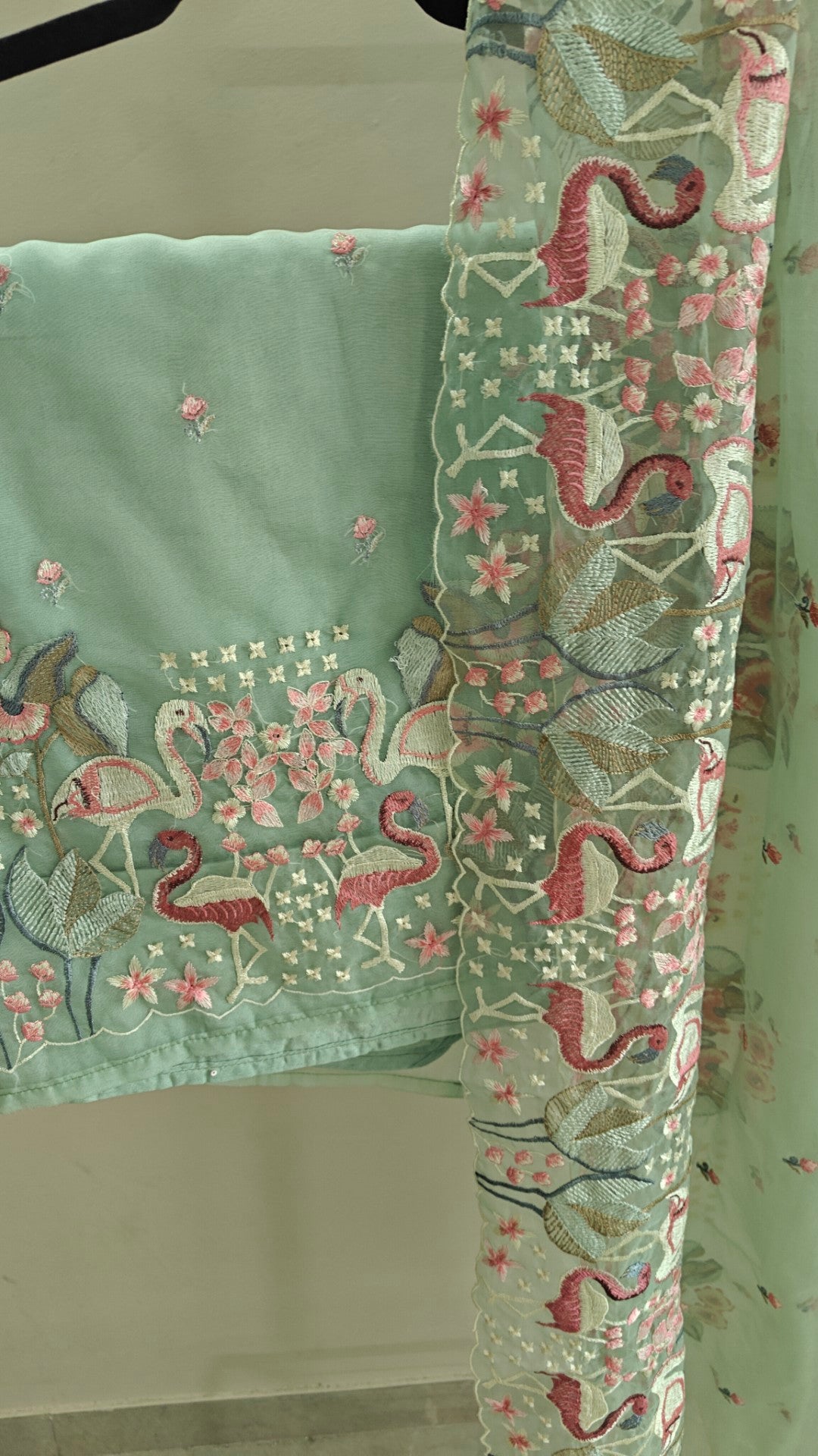 Green Pure Organza colorful Flamingo embroidery Dress material