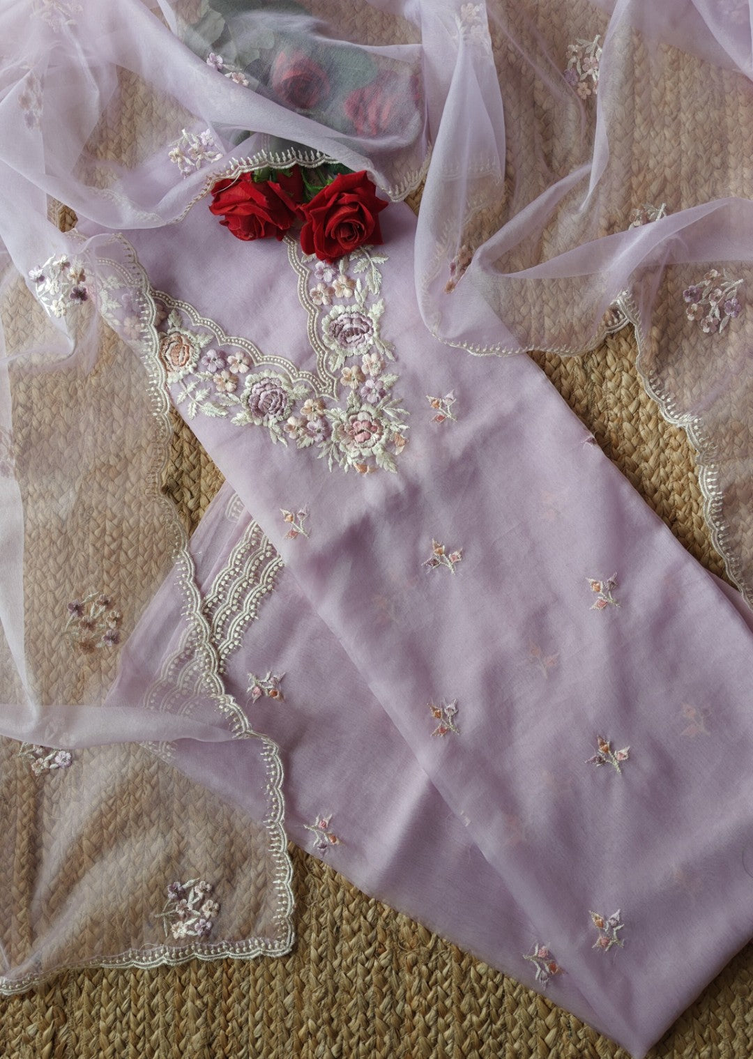 Lavender Parsi Embroidery Pure Organza unstitched suit