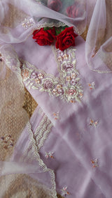 Lavender Parsi Embroidery Pure Organza unstitched suit