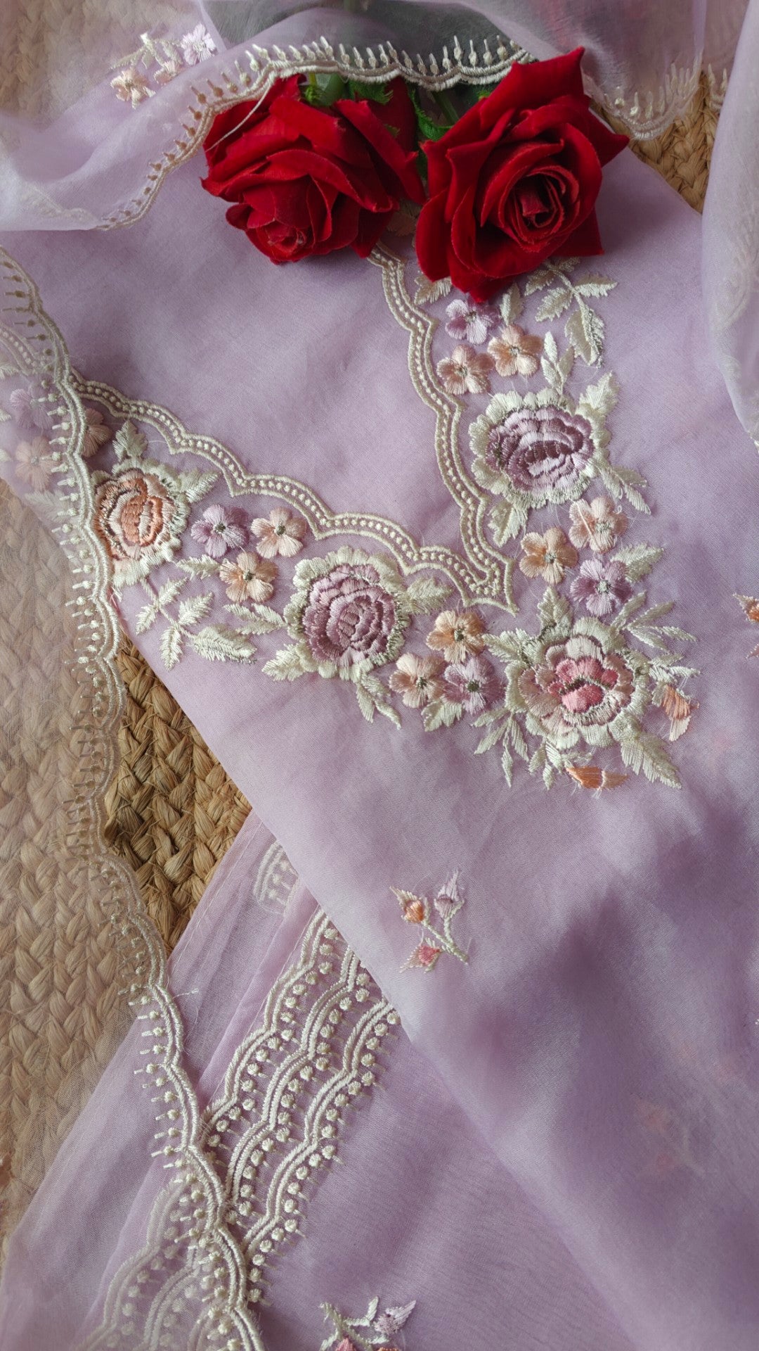 Lavender Parsi Embroidery Pure Organza unstitched suit