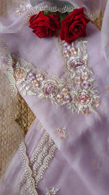 Lavender Parsi Embroidery Pure Organza unstitched suit