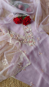 Lavender Parsi Embroidery Pure Organza unstitched suit