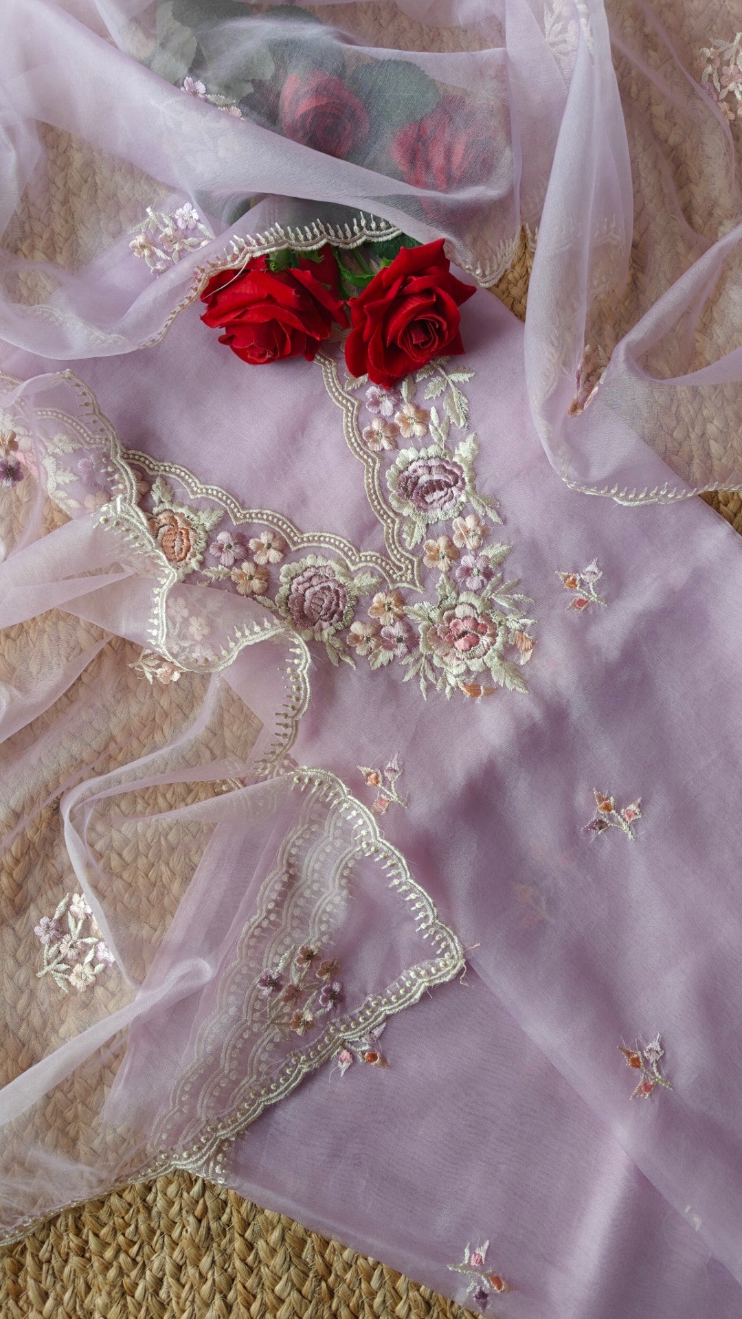 Lavender Parsi Embroidery Pure Organza unstitched suit