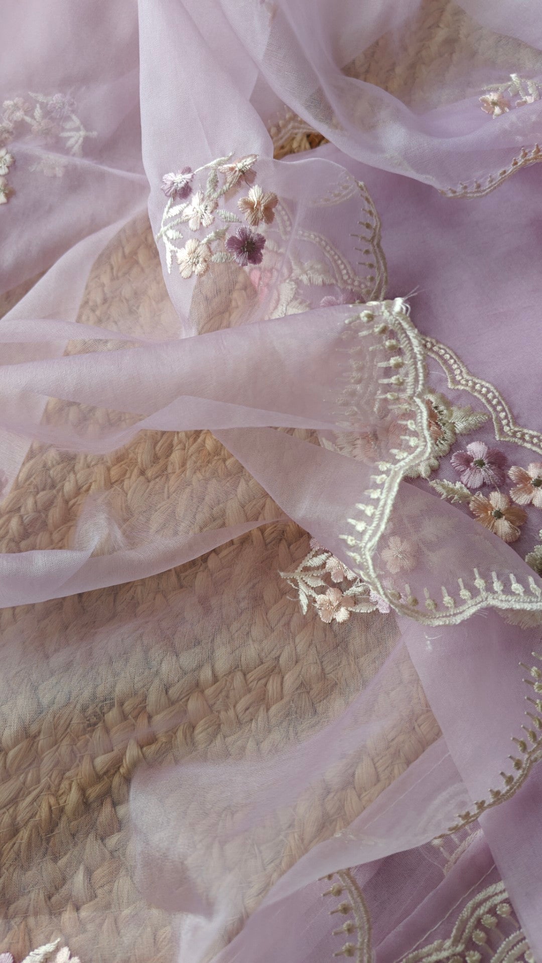 Lavender Parsi Embroidery Pure Organza unstitched suit