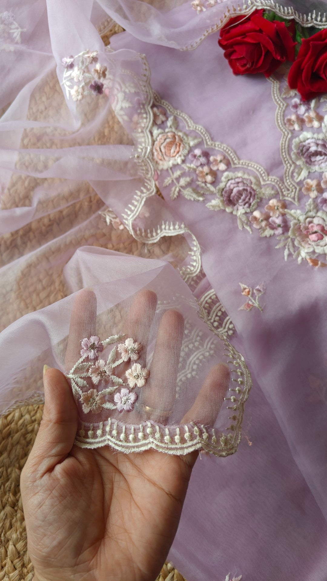 Lavender Parsi Embroidery Pure Organza unstitched suit