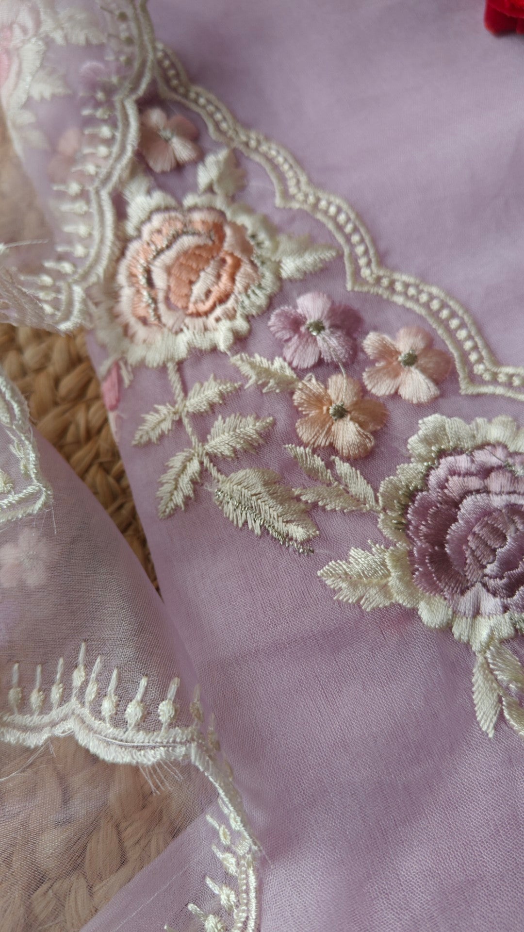 Lavender Parsi Embroidery Pure Organza unstitched suit