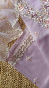 Lavender Parsi Embroidery Pure Organza unstitched suit