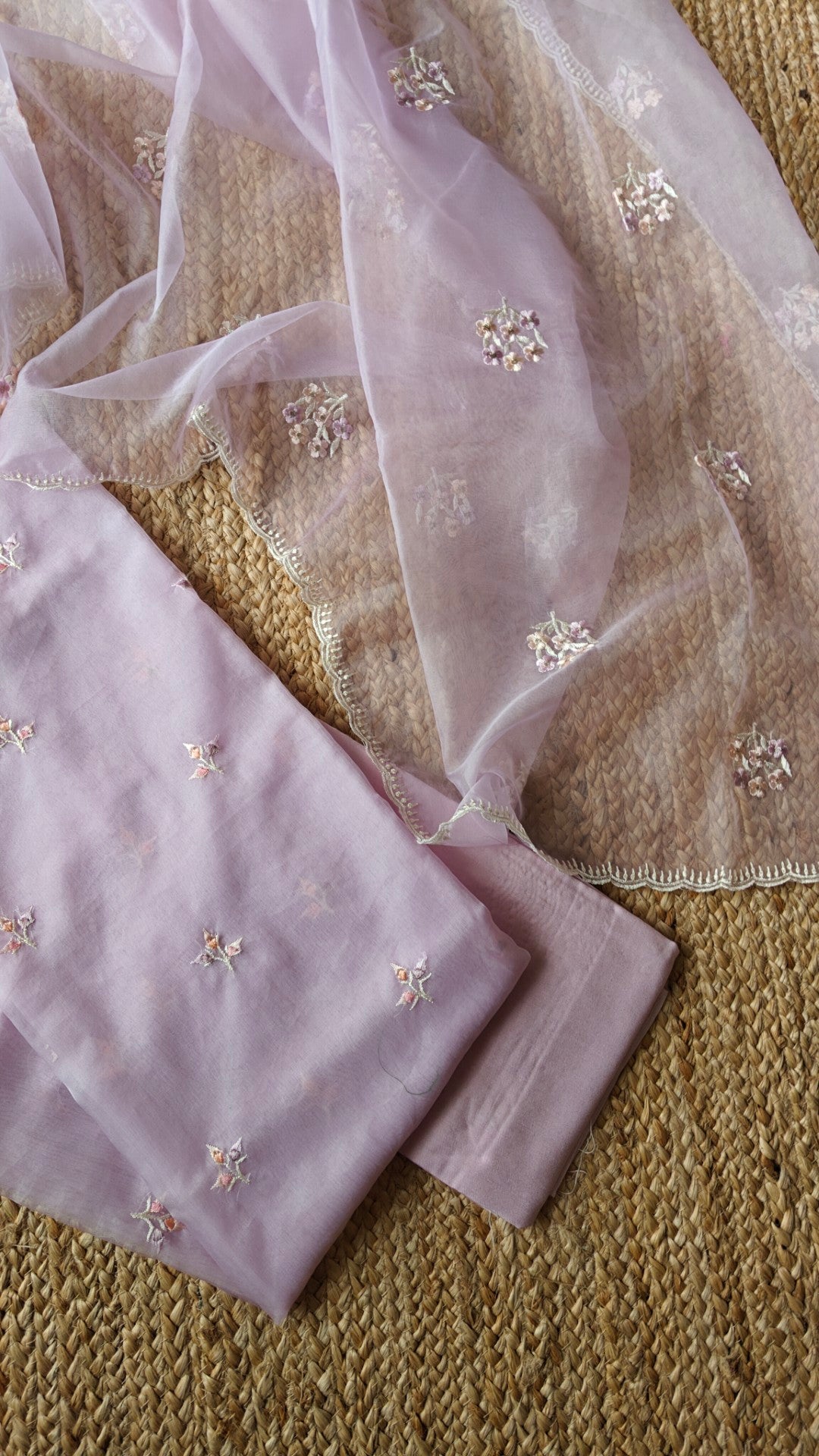 Lavender Parsi Embroidery Pure Organza unstitched suit