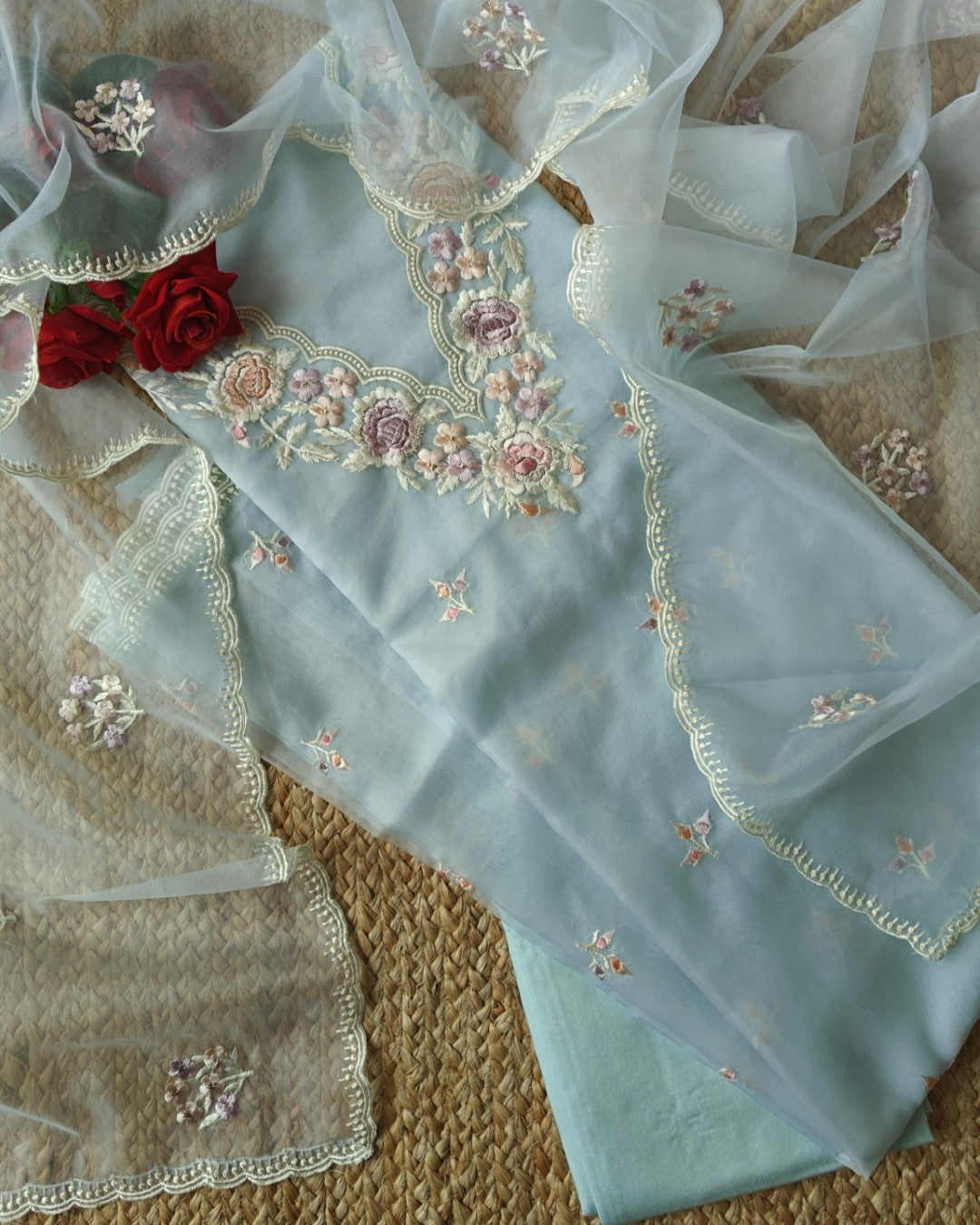 Blue Parsi Embroidery Pure Organza unstitched suit