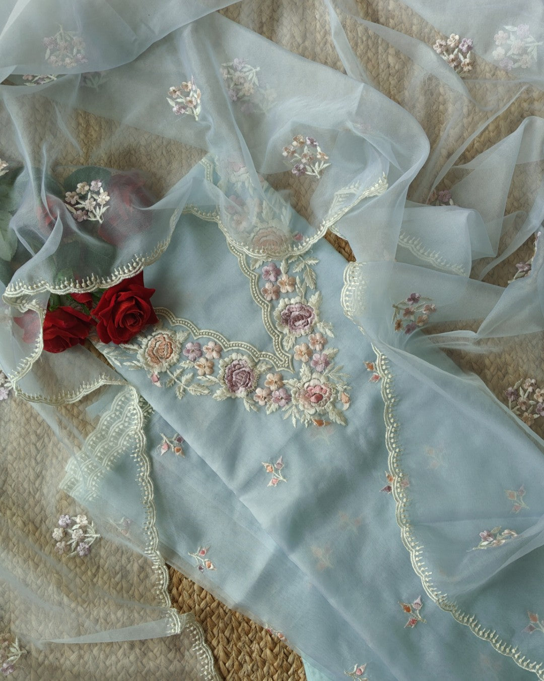 Blue Parsi Embroidery Pure Organza unstitched suit