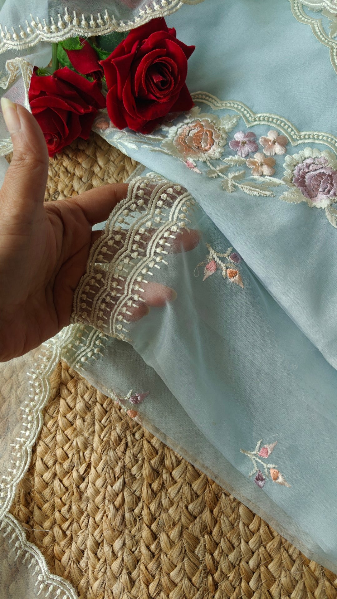 Blue Parsi Embroidery Pure Organza unstitched suit