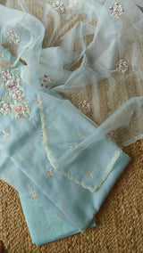 Blue Parsi Embroidery Pure Organza unstitched suit