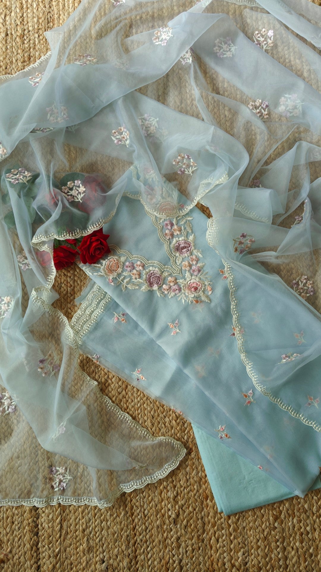 Blue Parsi Embroidery Pure Organza unstitched suit
