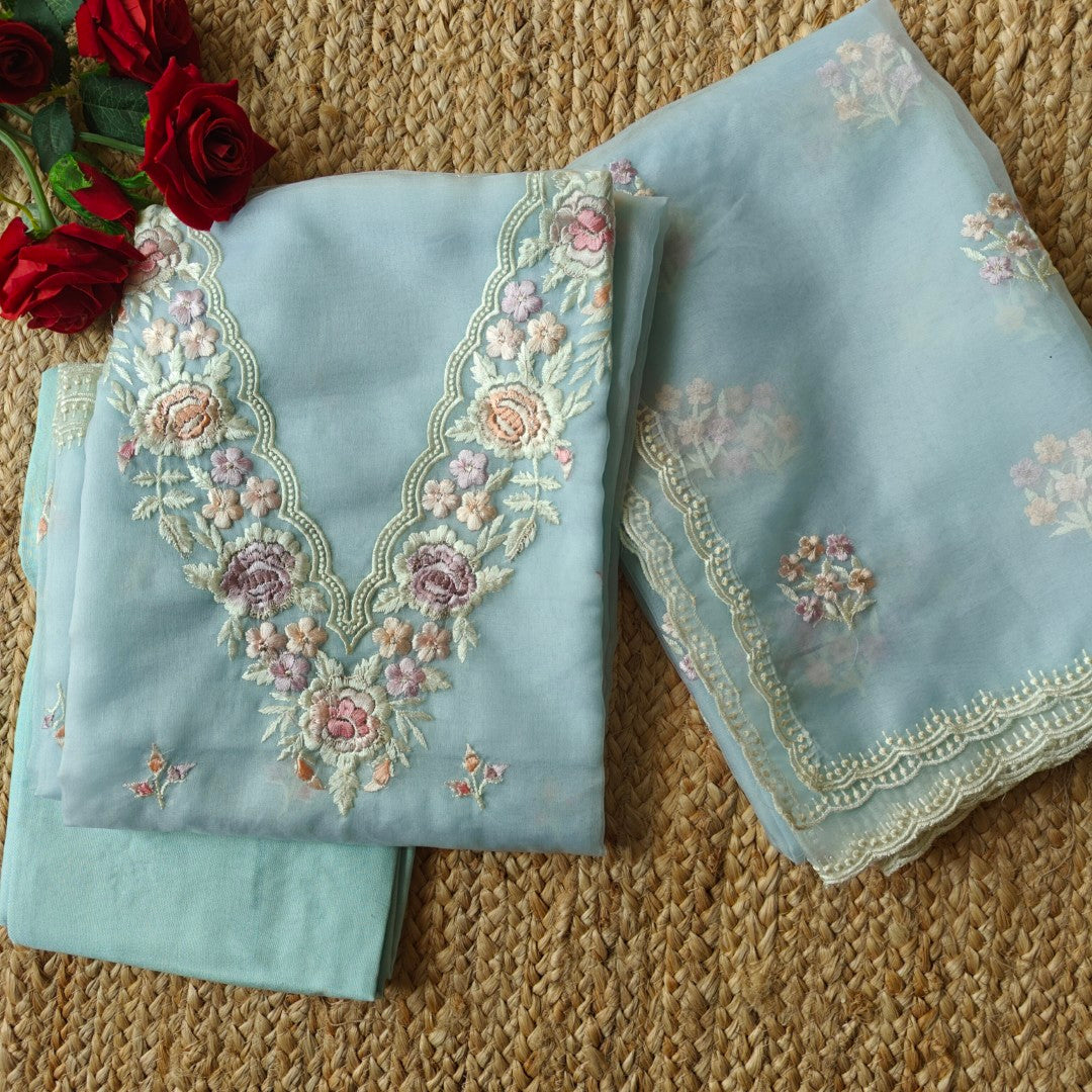 Blue Parsi Embroidery Pure Organza unstitched suit