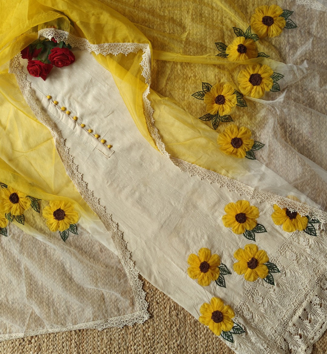 3D flower embroidery cotton dress kurta dupatta set Unstitched