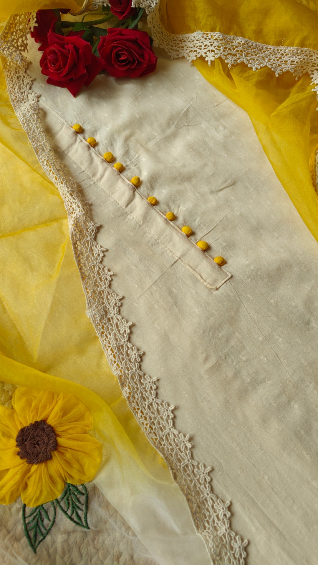 3D flower embroidery cotton dress kurta dupatta set Unstitched