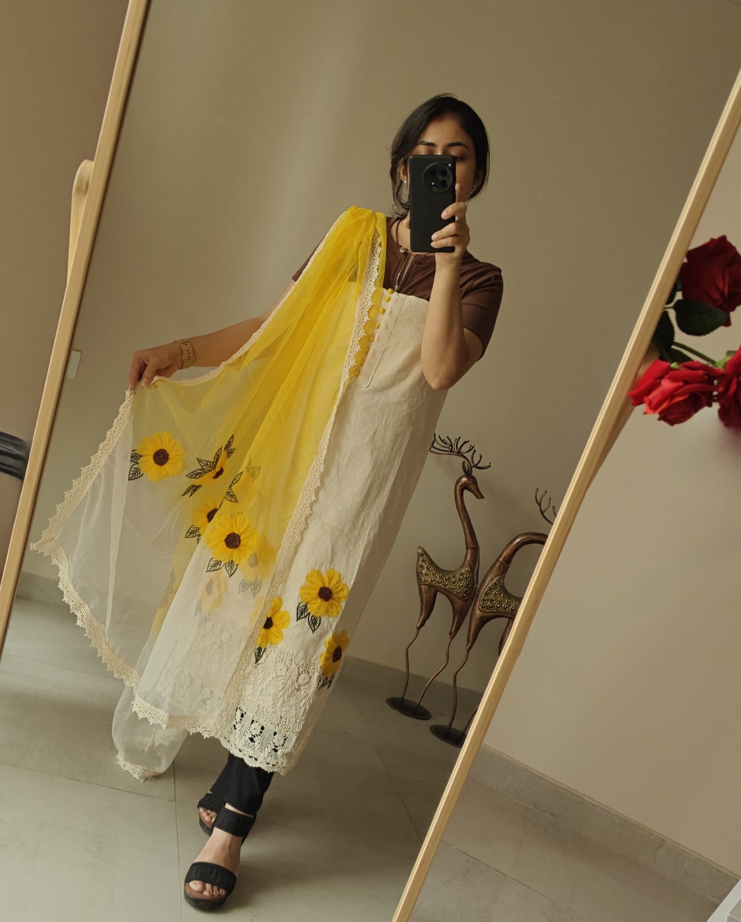 3D flower embroidery cotton dress kurta dupatta set Unstitched