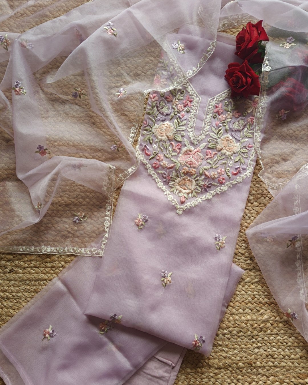 Parsi embroidery Lavender unstitched suit