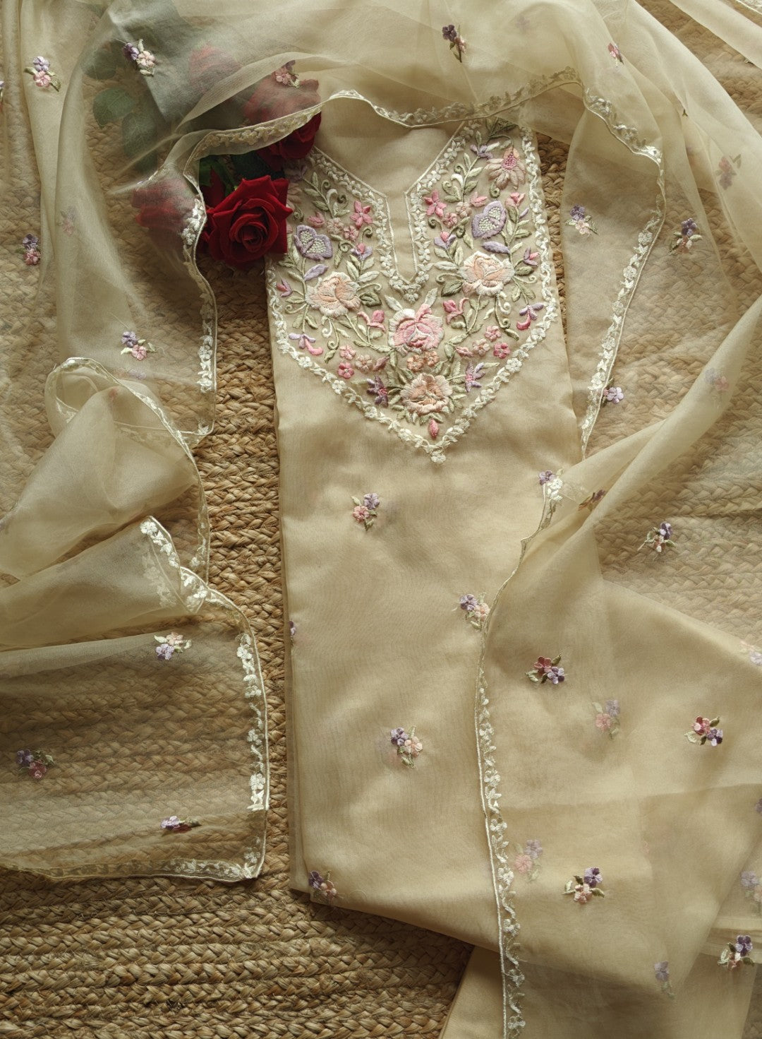 Parsi embroidery beige unstitched suit