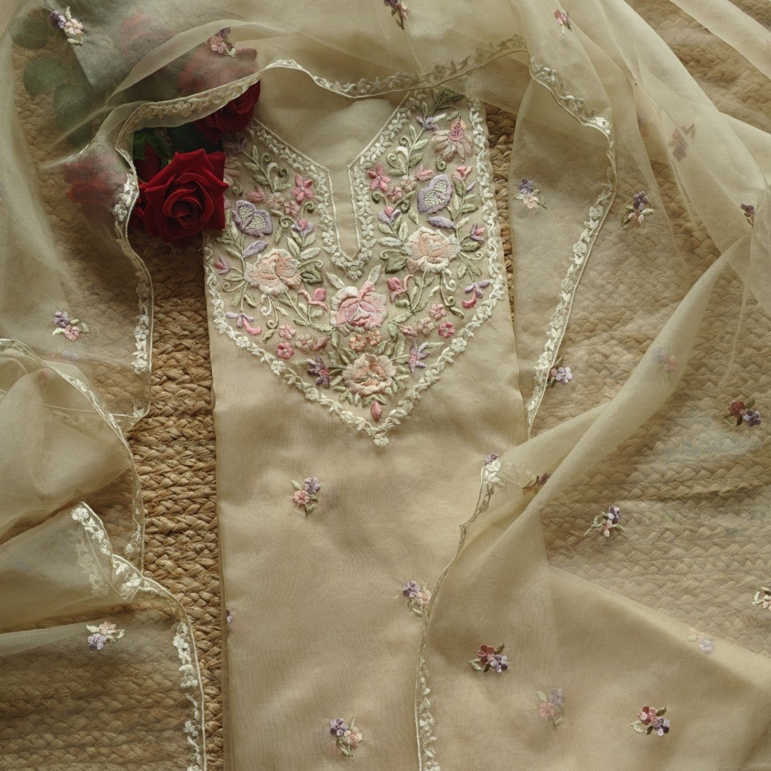 Parsi embroidery beige unstitched suit