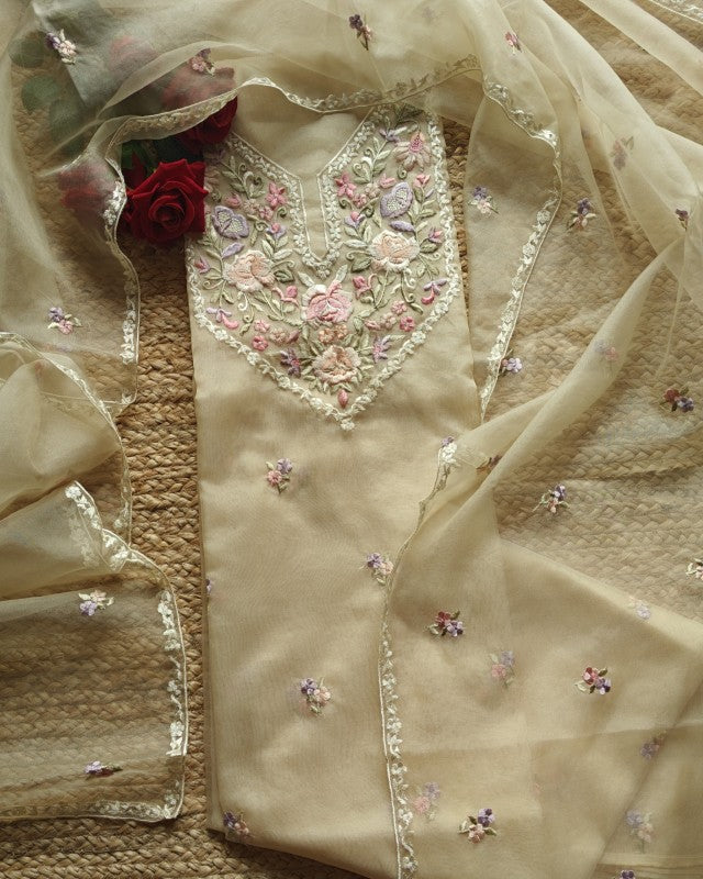 Parsi embroidery beige unstitched suit