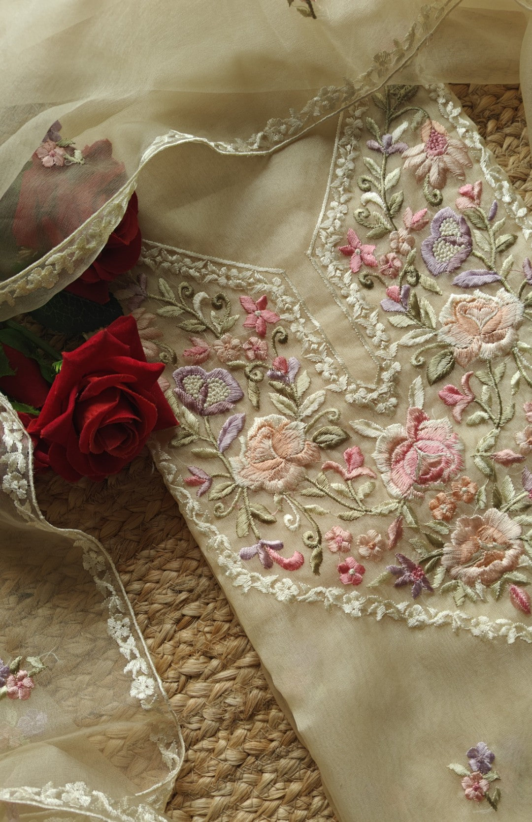 Parsi embroidery beige unstitched suit