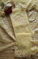 Yellow Parsi Embroidery unstitched suit