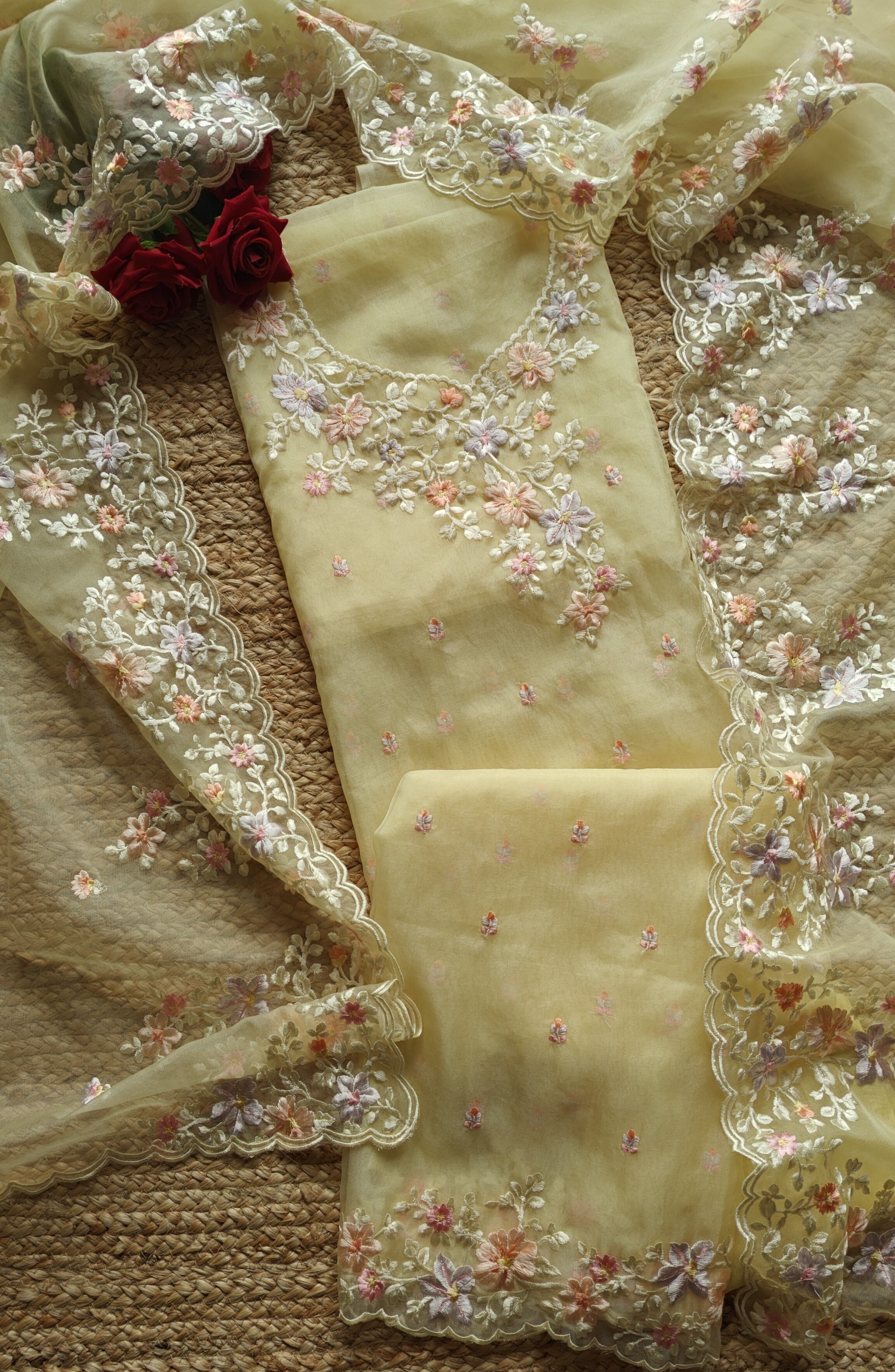 Yellow Parsi Embroidery unstitched suit