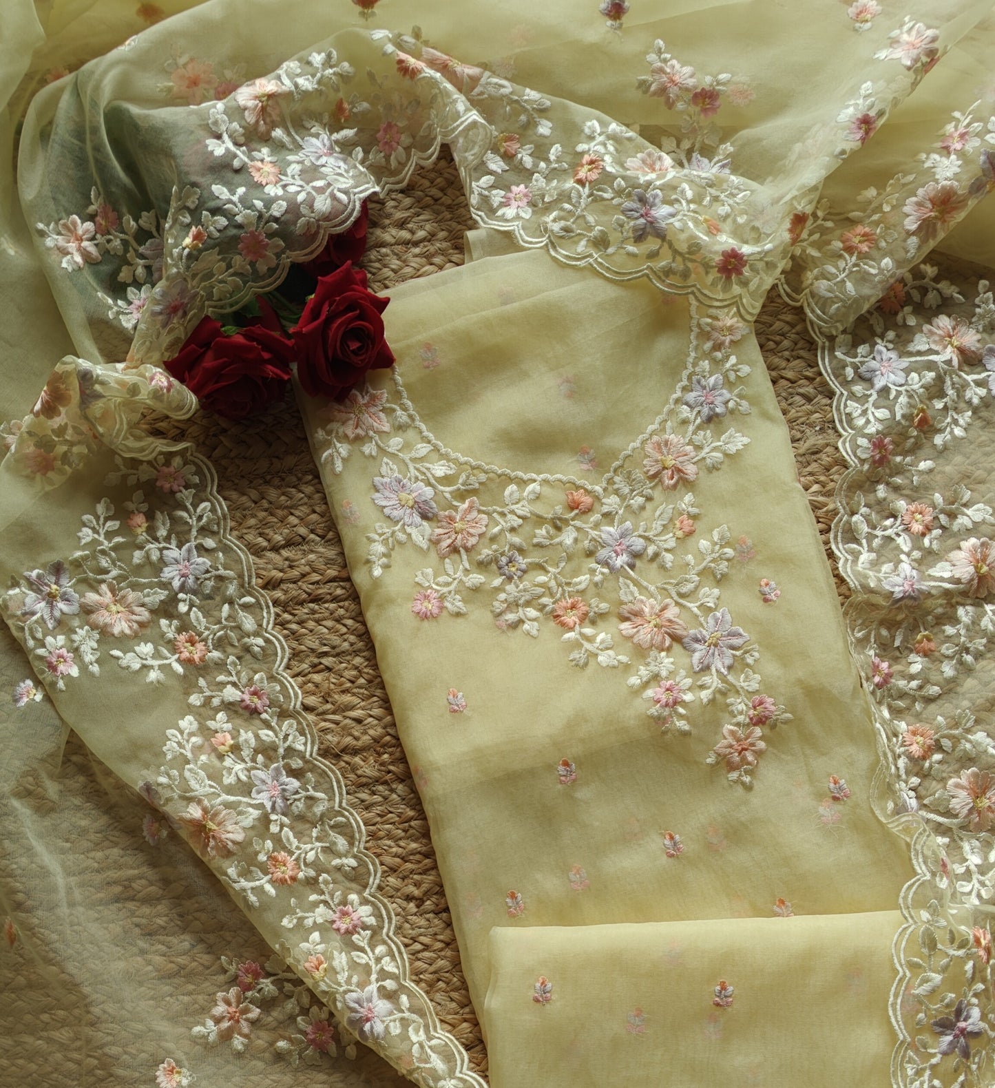 Yellow Parsi Embroidery unstitched suit