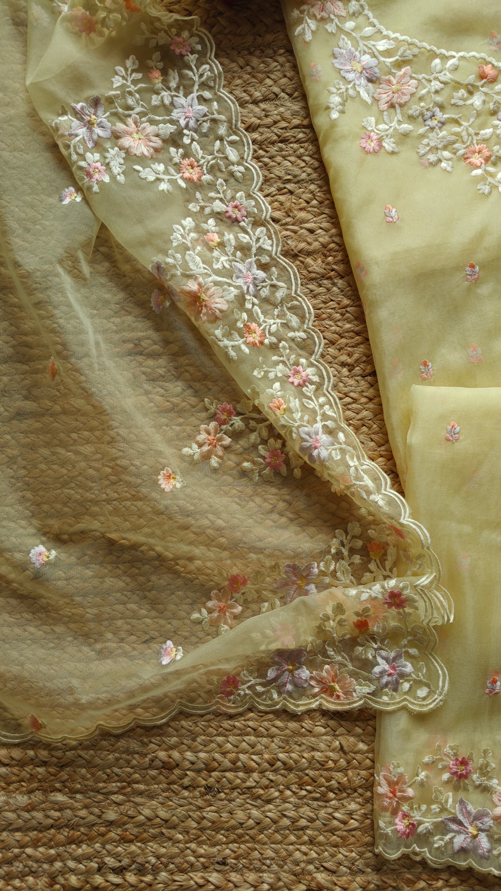 Yellow Parsi Embroidery unstitched suit