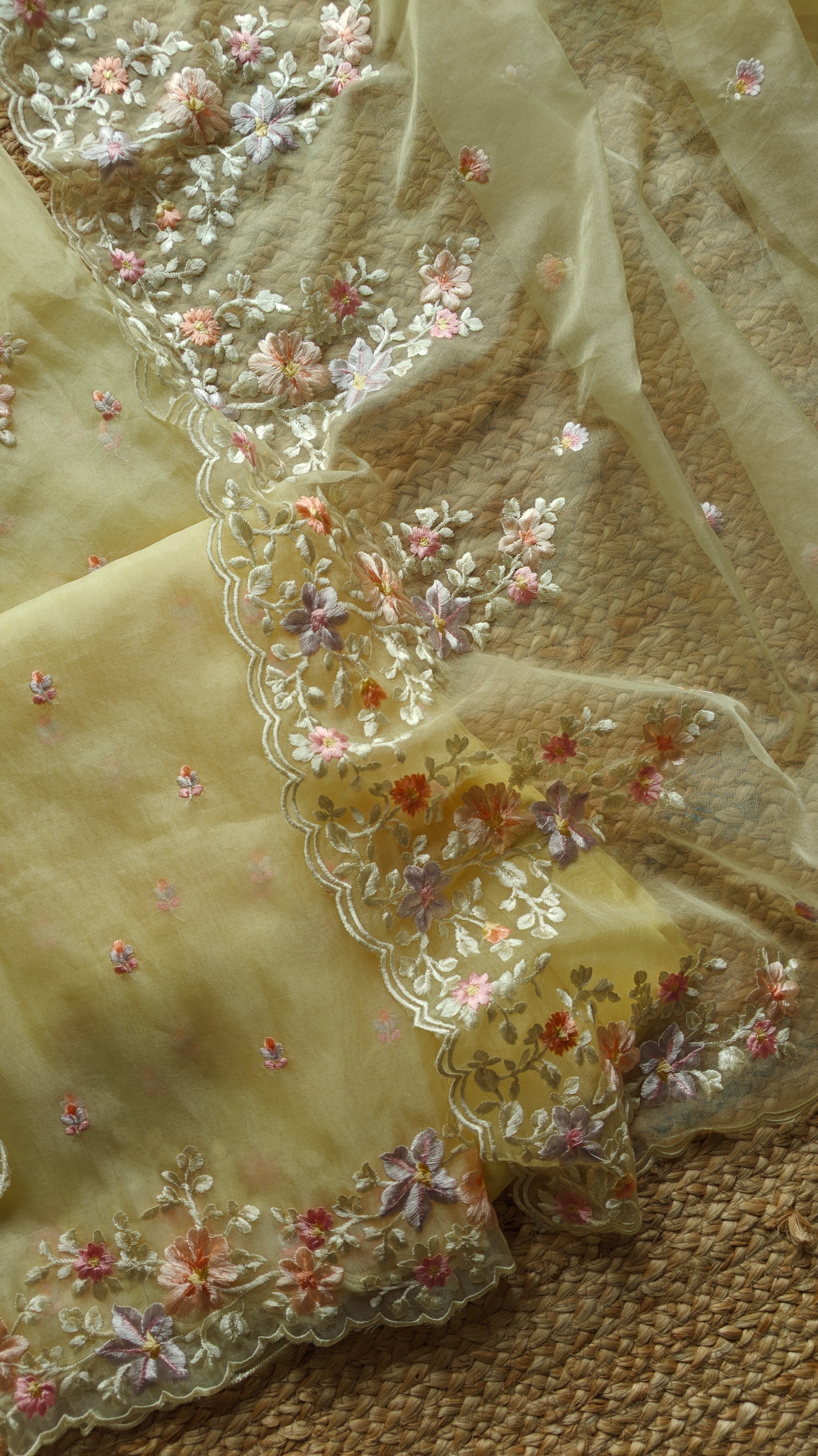 Yellow Parsi Embroidery unstitched suit