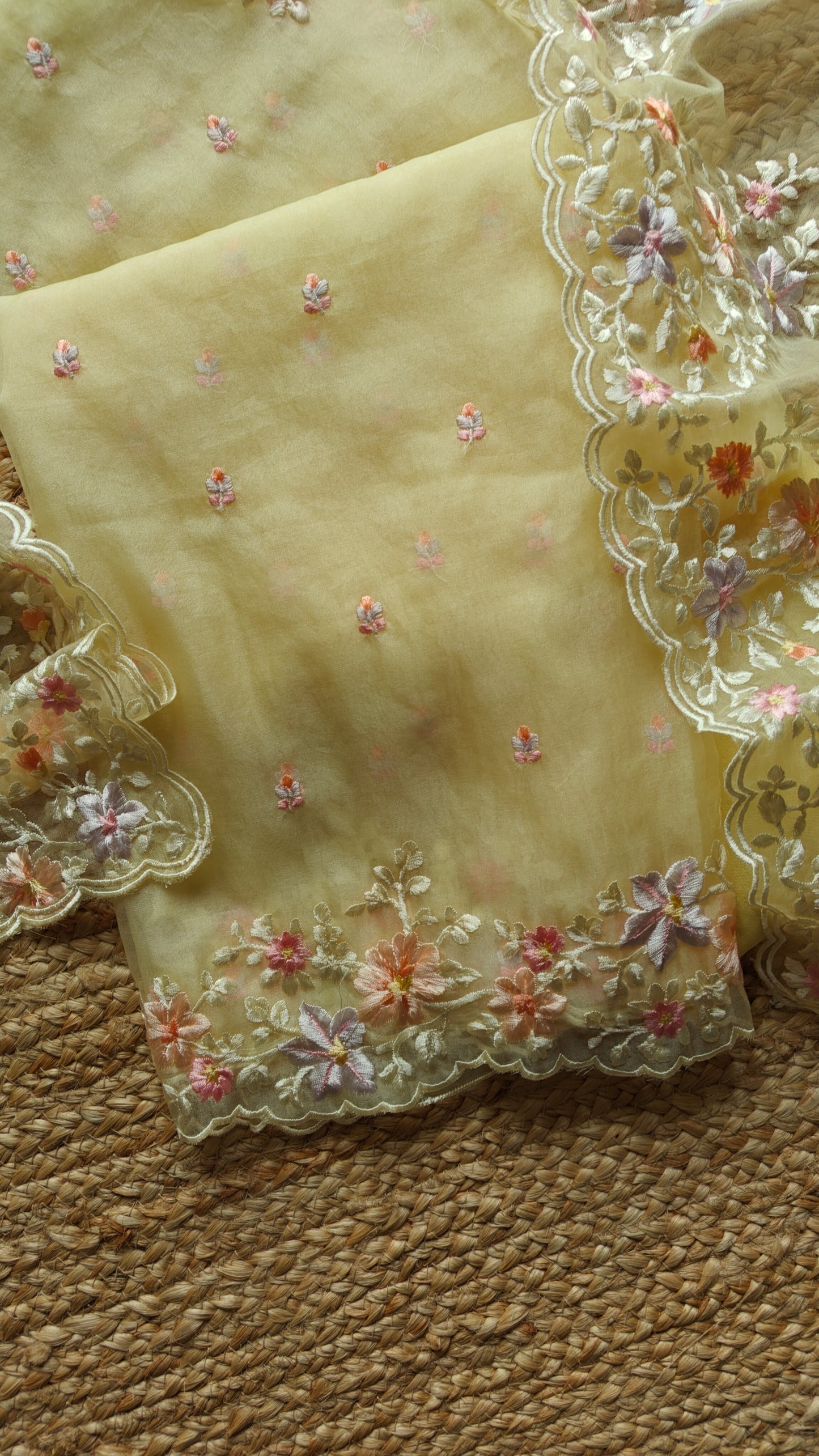 Yellow Parsi Embroidery unstitched suit