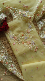 Yellow Parsi Embroidery unstitched suit