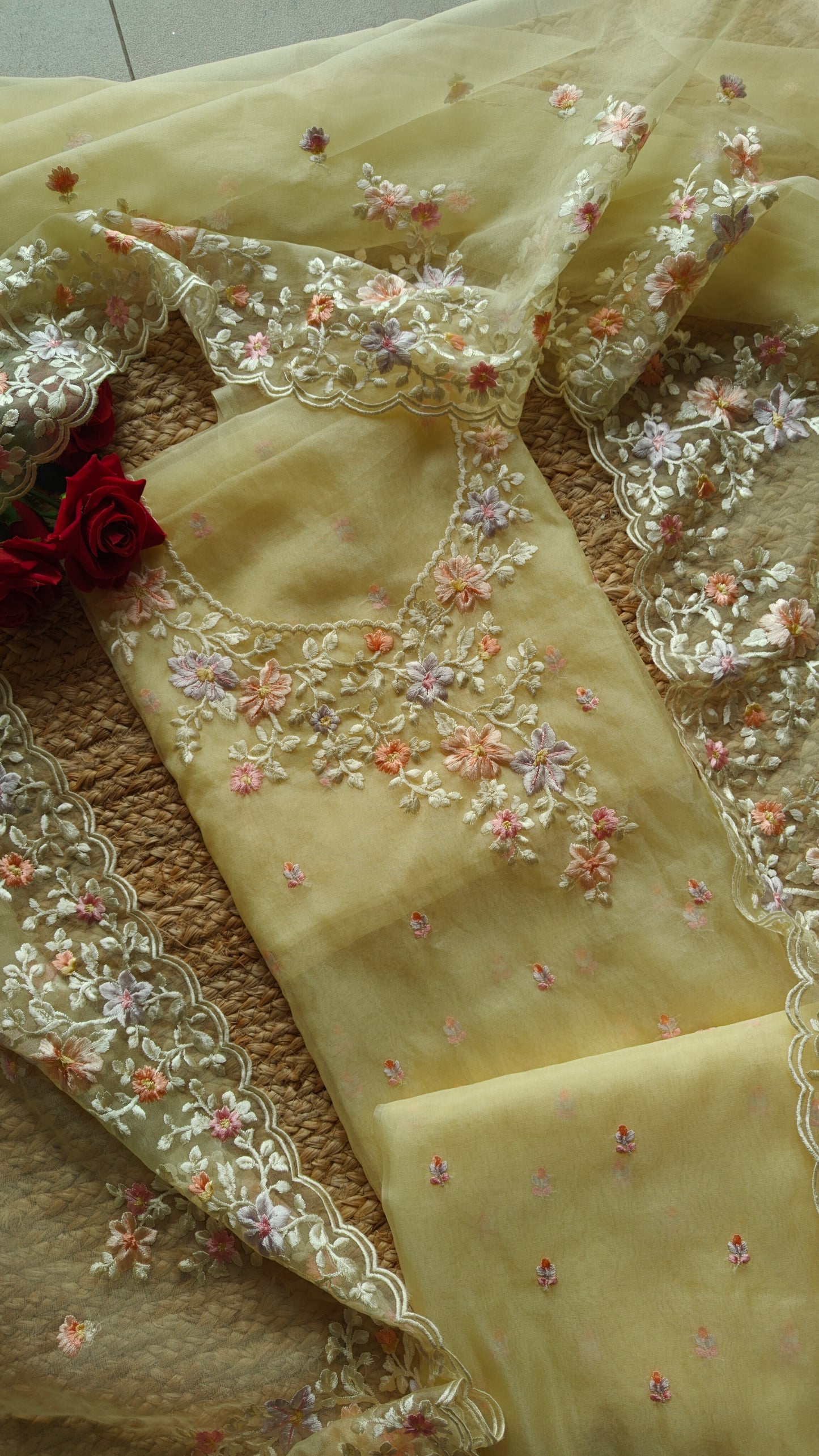 Yellow Parsi Embroidery unstitched suit