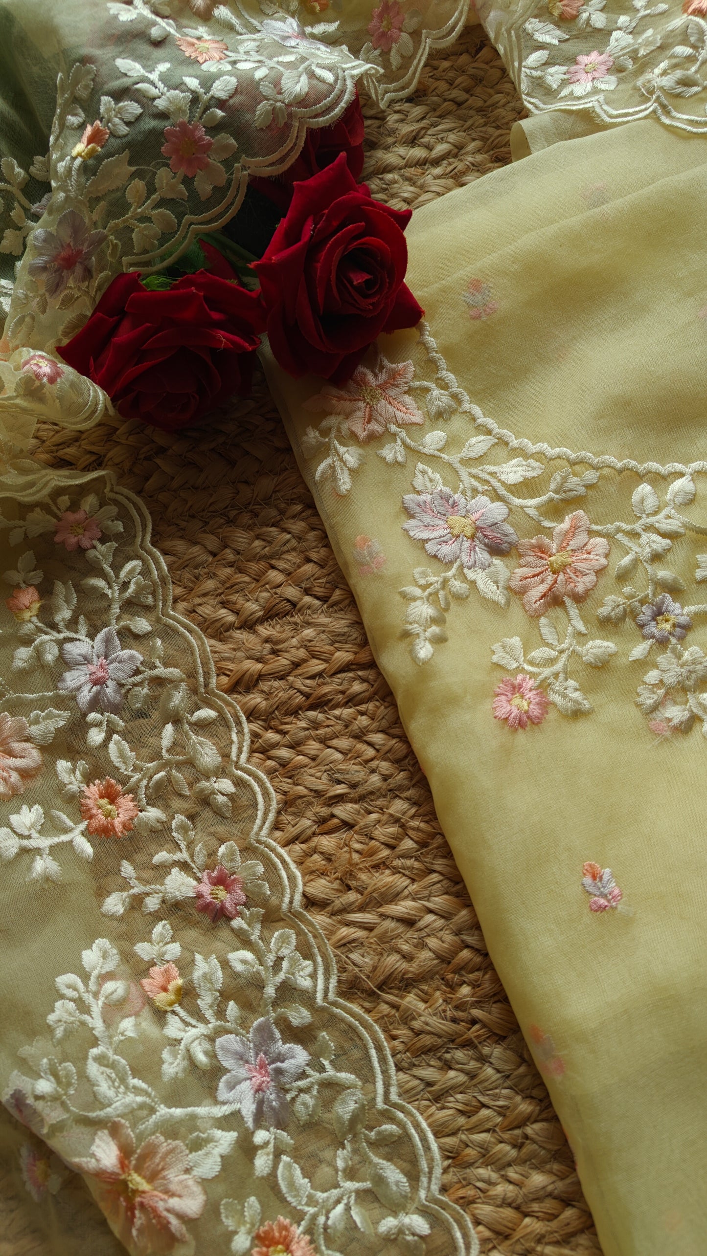 Yellow Parsi Embroidery unstitched suit