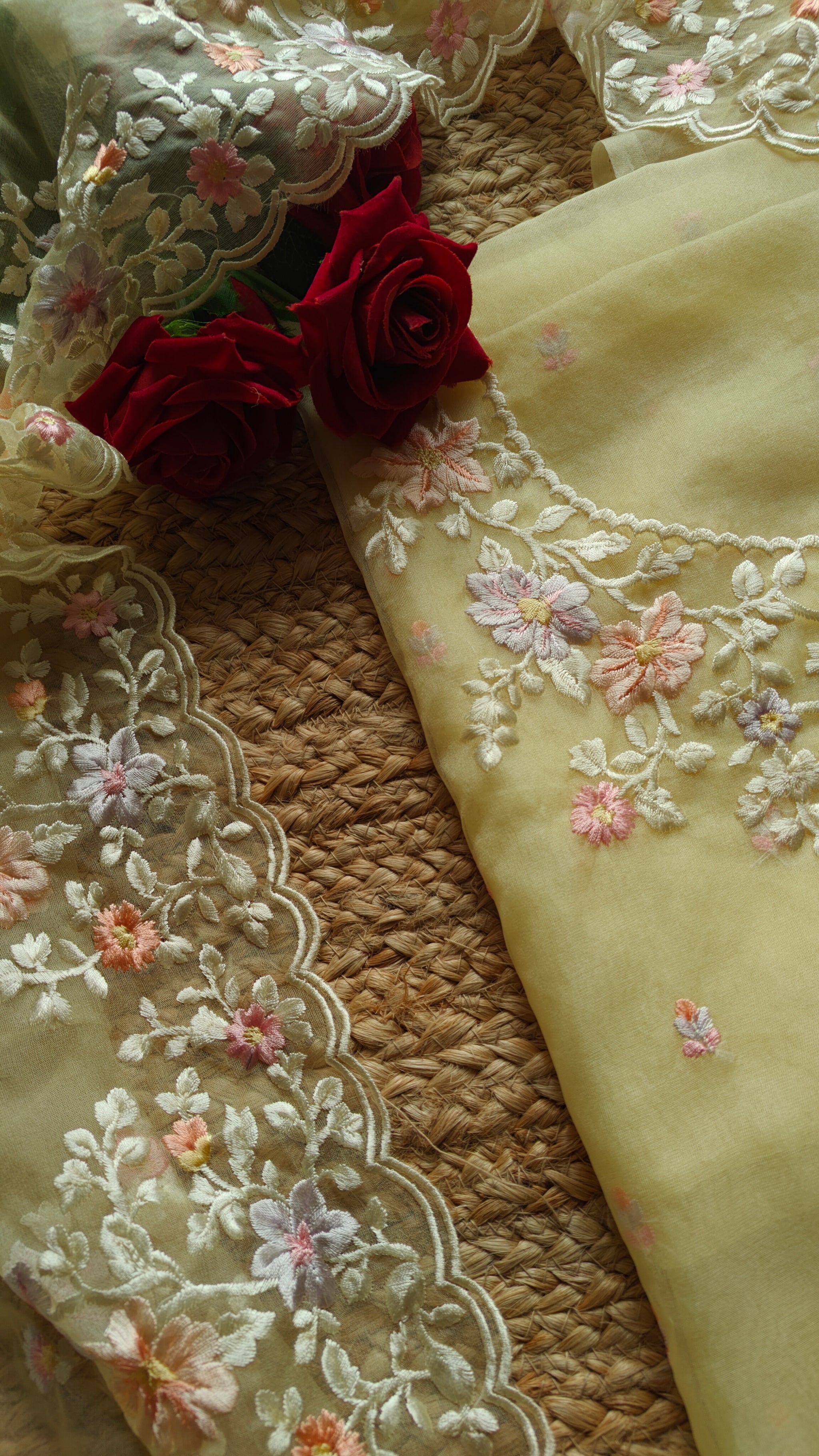 Yellow Parsi Embroidery unstitched suit