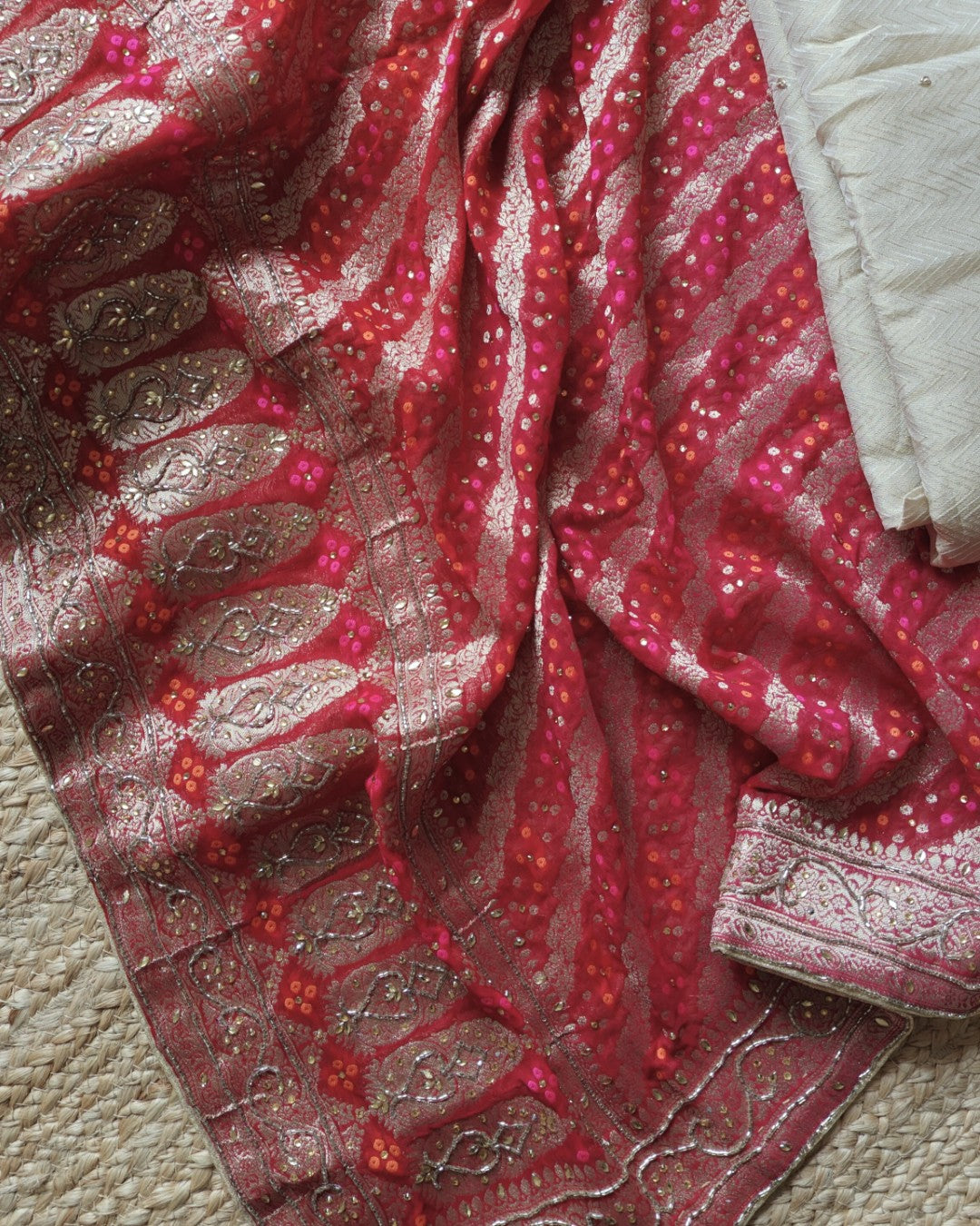 Partywear Gold kurta with Red dupatta unstitched suit set